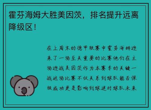 霍芬海姆大胜美因茨，排名提升远离降级区！