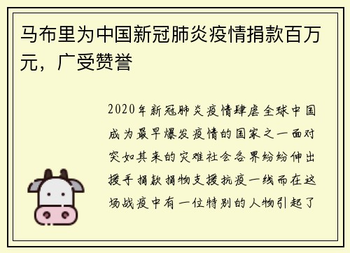 马布里为中国新冠肺炎疫情捐款百万元，广受赞誉